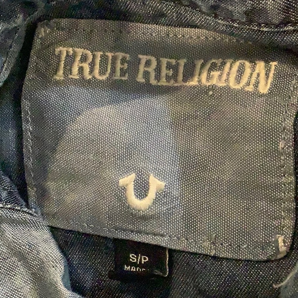 TRUE RELIGION Y2K Oversized Cotton Blue Acid Wash Punk Grunge Alt Urban Top S - Picture 7 of 10